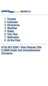 Cedar Point Mobile Site home page