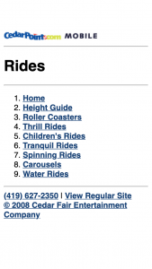 Cedar Point Mobile Site rides