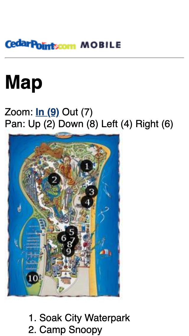 Cedar Point Mobile Site map