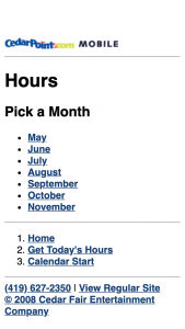Cedar Point Mobile Site calendar