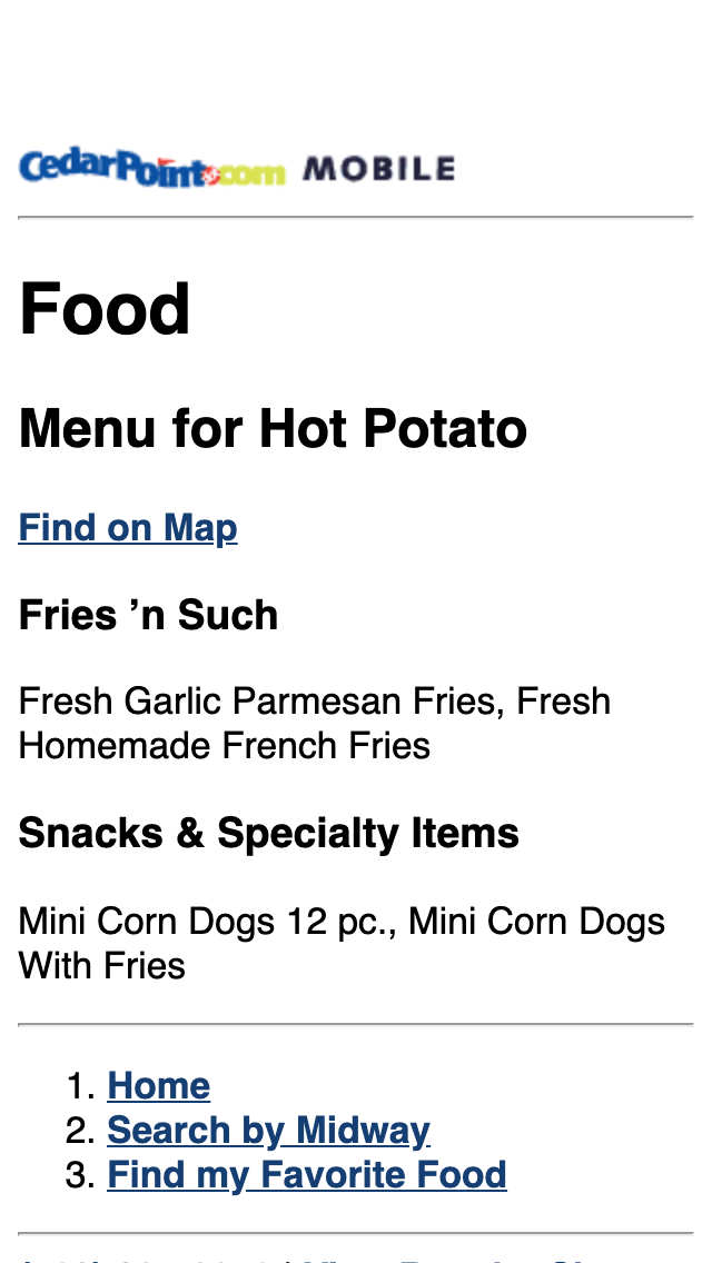 Cedar Point Mobile Site food menus